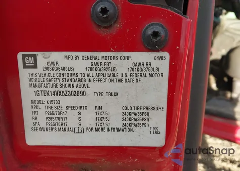 2005 GMC Sierra 1500 Work Truck from USA, damaged, VIN 1GTEK14VX5Z303690